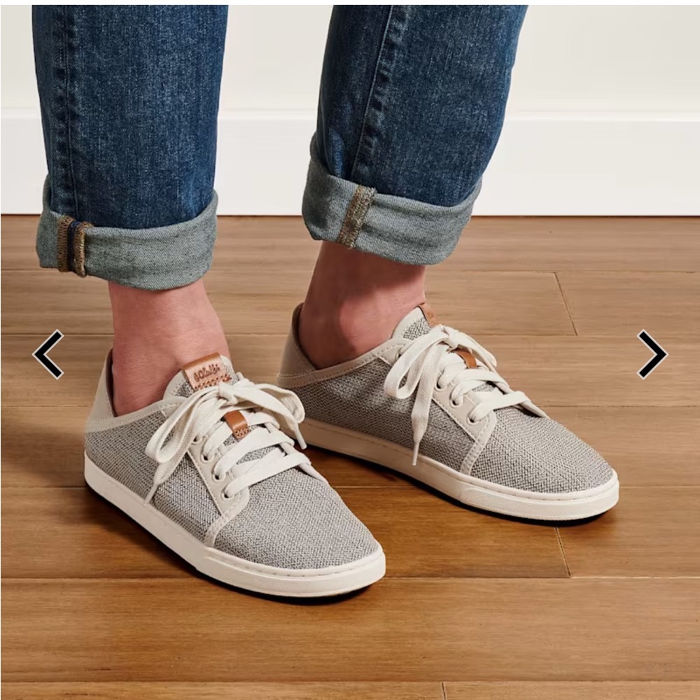OluKai Pehuea Li Light Gray and White Knit Lace-Up Sneakers - Picture 2 of 11